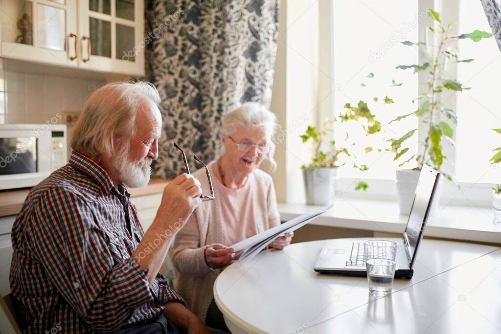 Smiling mature couple with documents and laptop in home interior