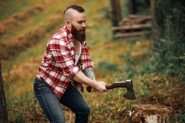 Oduncu gömlekle odun kesiyor, patates kızartması dökülüyor.