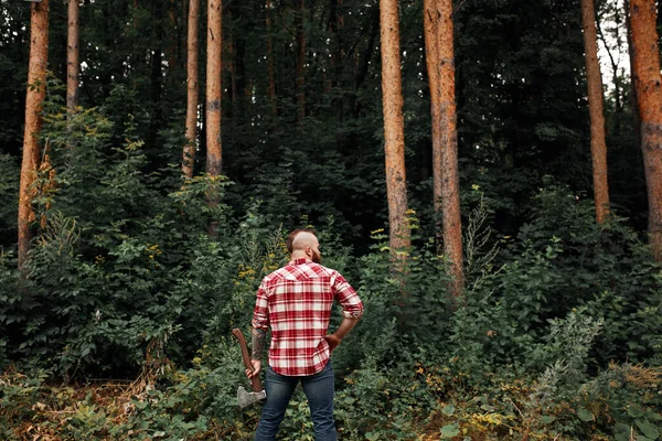 Вид ззаду лісоруба в лісі, що тримає сокиру на плечі — стокове фото
