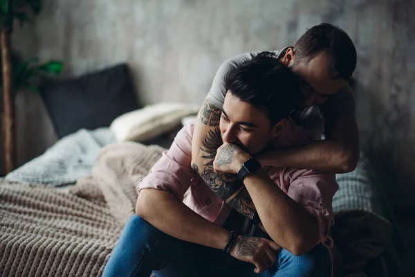 Gay couple at home, intimate moments of private life - Homosexual partners — Stock Photo, Image