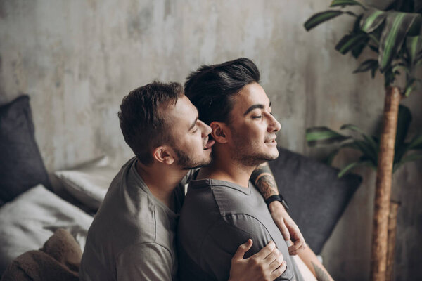 Two sexy caucasian gay guys hugging and having fun in bed indoors