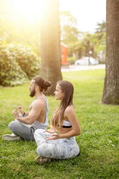 年轻夫妇在户外做瑜伽 — 图库照片