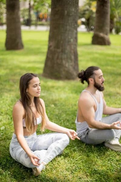 Genç çift dışarıda yoga yapıyor. — Stok fotoğraf