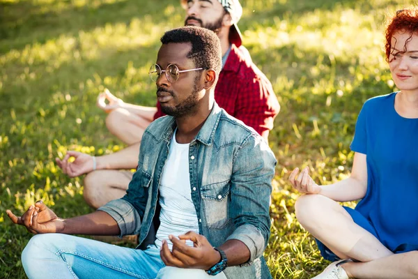 Grupo de amigos adultos de carreras mixtas meditando mientras practican yoga afuera en el parque. — Foto de Stock