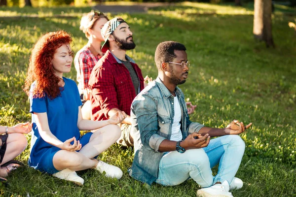 Groep volwassen mix-race vrienden mediteren tijdens yoga buiten in het park. — Stockfoto