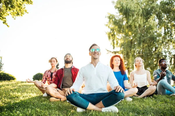 Grupo de amigos adultos de carreras mixtas meditando mientras practican yoga afuera en el parque. — Foto de Stock