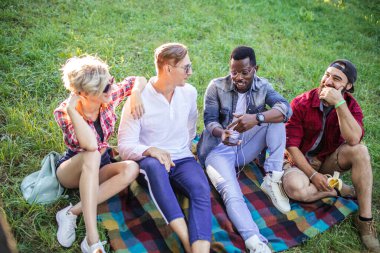 Doğa parkında gün batımında çimlerin üzerinde oturan çeşitli neşeli arkadaşlar..