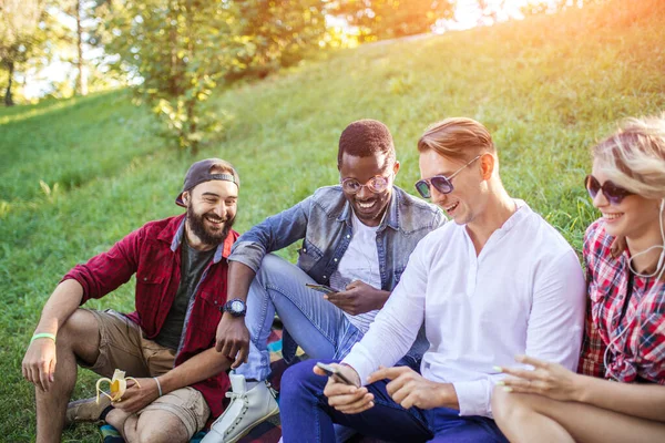 Diverse groep vrolijke vrienden zittend op gras bij zonsondergang in natuurpark. — Stockfoto