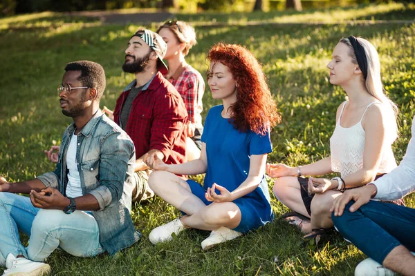 Grupo de personas multiétnicas ejercitándose en el parque, disfrutando de sesiones de yoga al aire libre. — Foto de Stock