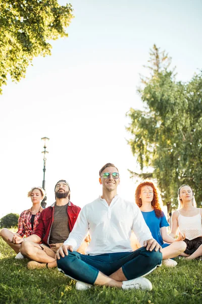 Grupo de personas multiétnicas disfrutando de sesiones de yoga al aire libre. — Foto de Stock