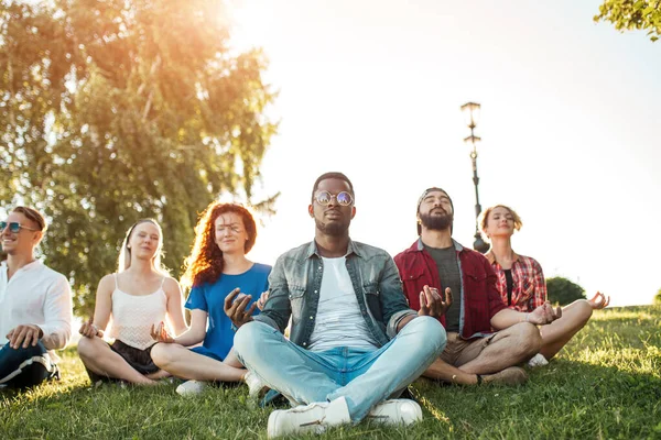 Gruppo di amici adulti mix-razza meditare mentre pratica yoga all'aperto nel parco. — Foto Stock