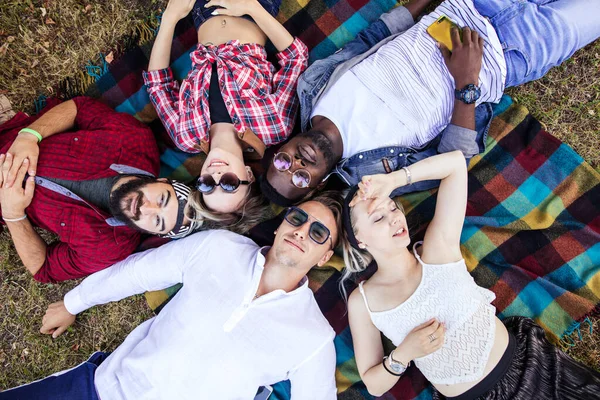 Vrienden in het park die plezier hebben en een groepsselfie maken — Stockfoto