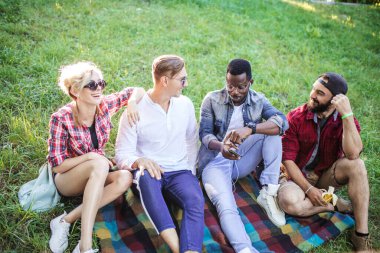 Doğa parkında gün batımında çimlerin üzerinde oturan çeşitli neşeli arkadaşlar..