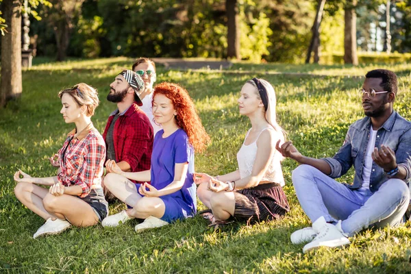 Grupo de amigos adultos meditando mientras practican yoga afuera en el parque. — Foto de Stock