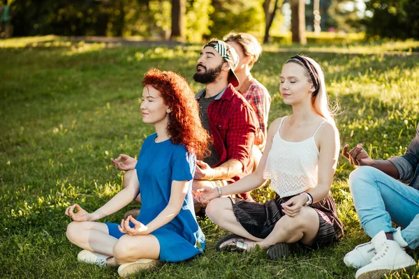 Grupo de amigos adultos meditando enquanto pratica ioga fora no parque. — Fotografia de Stock