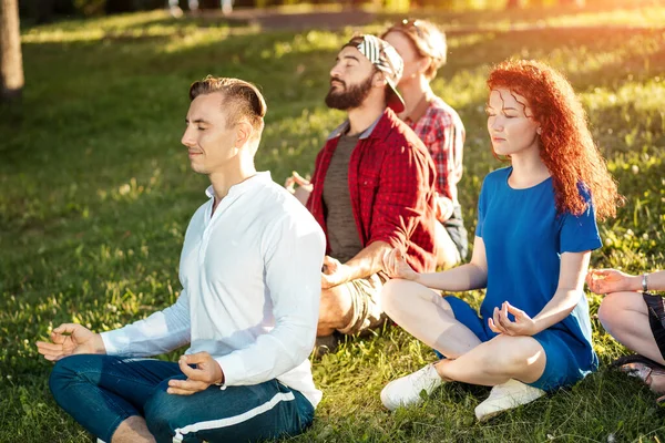 Groep volwassen mix-race vrienden mediteren tijdens yoga buiten in het park. — Stockfoto