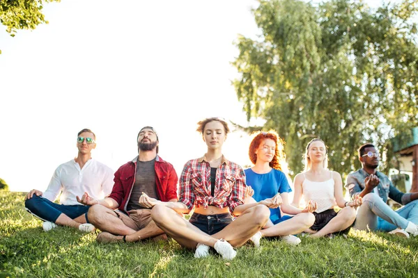Grupo de amigos de mistura de raças adultas meditando enquanto praticam ioga fora no parque. — Fotografia de Stock