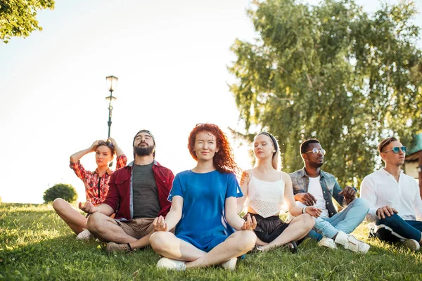 Groep volwassen mix-race vrienden mediteren tijdens yoga buiten in het park. — Stockfoto