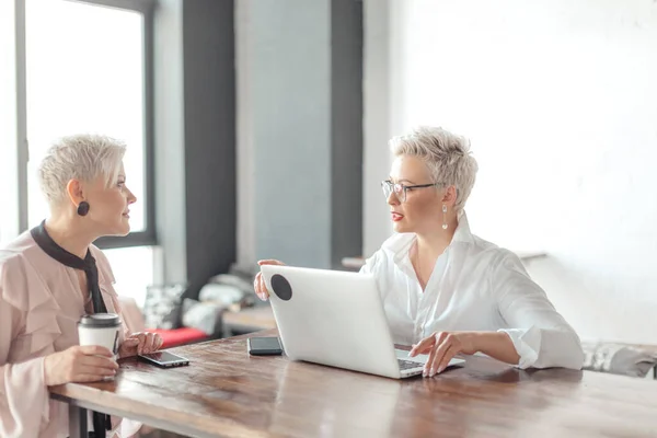 Mujer de negocios y cliente discutiendo posible contrato indoor — Foto de Stock