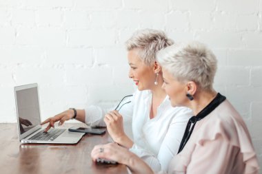 Sabah dizüstü bilgisayar kullanan iki iş kadını. İş, finans insanları ve yaşam tarzları