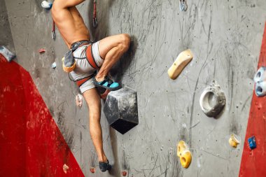 Erkek tırmanışçı spor salonunda egzersiz yapıyor, yapay duvara tırmanırken kayalar kullanıyor..
