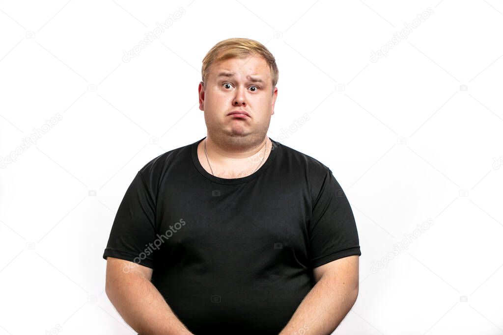 Big fat stout blonde man looking at camera with upset, disappointed expression, emotion. Isolated on white background.