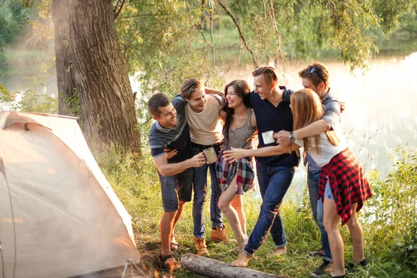 Veselí přátelé si užívají svůj odpočinek v nádherné scenérii — Stock fotografie