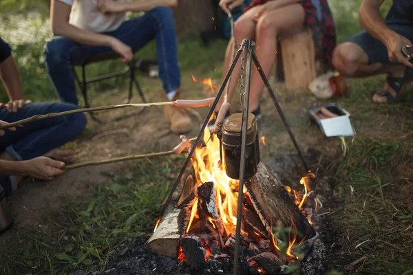 Yummy sausages preparing in nature — Stock Photo, Image