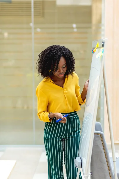 Frau in trendiger Kleidung schreibt Informationen auf das Flipchart — Stockfoto