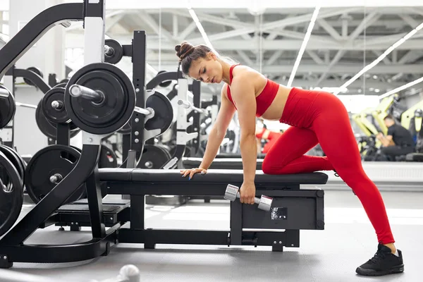 sportive woman pumping arm muscles with the use of dumbbells