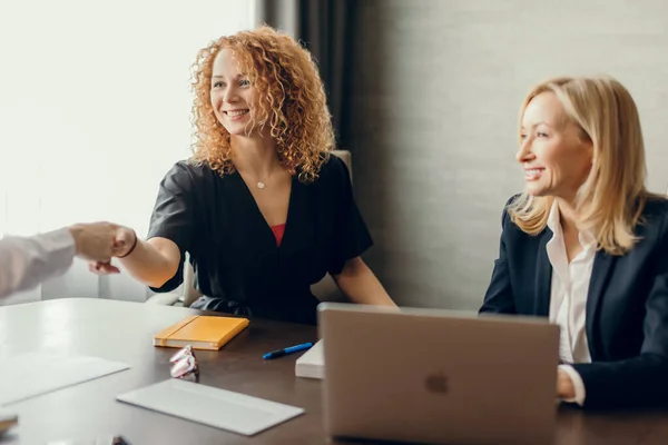 Exitosa entrevista de trabajo del solicitante con el jefe y hr manager termina por apretón de manos — Foto de Stock