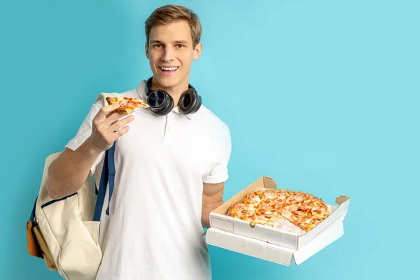 young caucasian pizza lover isolated