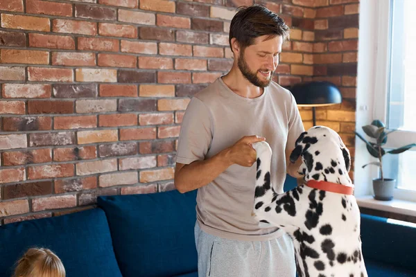 Pohledný vousatý muž hrát se psem doma — Stock fotografie