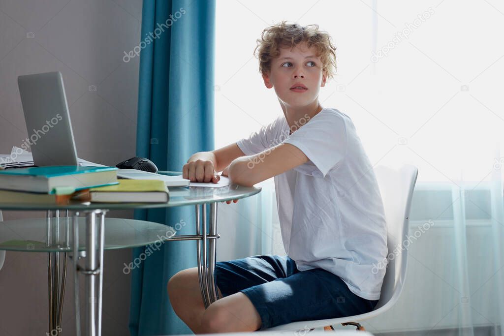 portrait of young caucasian teen boy studying at home