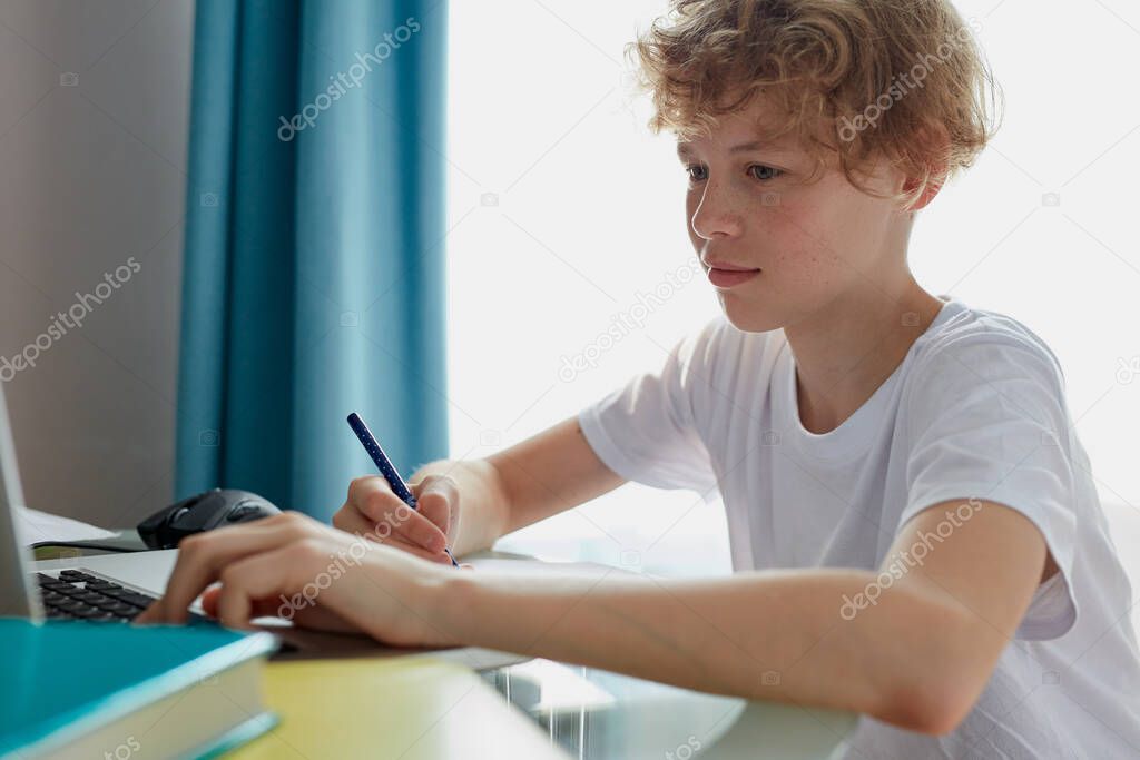 young boy studying at home