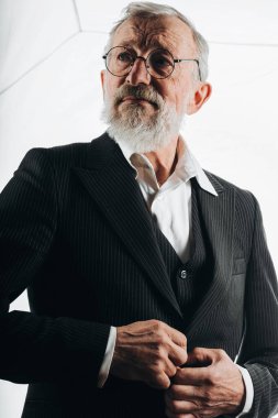 Beyaz arka planda siyah takım elbiseli yakışıklı yaşlı CEO portresi.