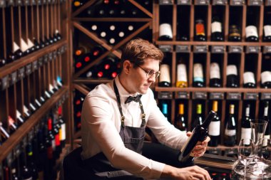 Şık bir şarap satıcısı şarap dükkanında bir şişe şarap ve kitap etiketi tutuyor.