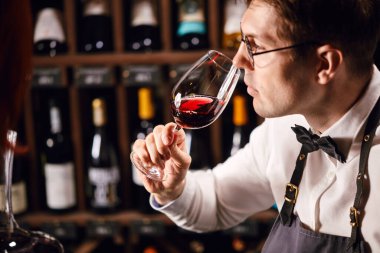 Şarap uzmanı elinde bir bardak şarap tutuyor, renge bakıyor ve tat alıyor.
