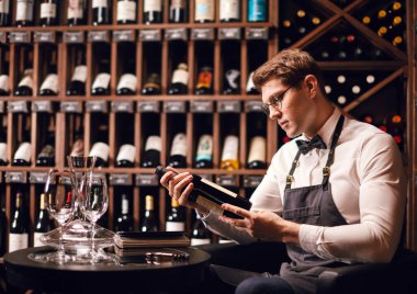 Dalmış alkol eleştirmeni dikkatle şaraba bakıyor.