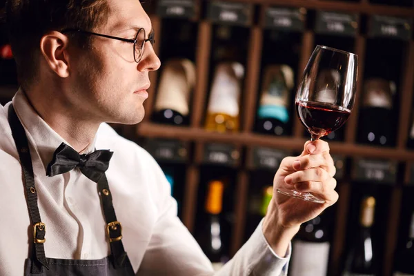 Ο ειδικός στο κρασί κρατάει ένα ποτήρι κρασί, κοιτάζει την απόχρωση και μυρίζει γεύση, παραμορφώνοντας — Φωτογραφία Αρχείου