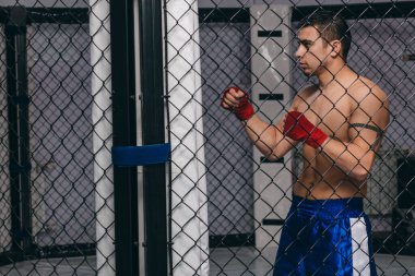 Çıplak gövdeli boksör boks ringinde örülmüş rabitz ağlarına karşı poz veriyor.