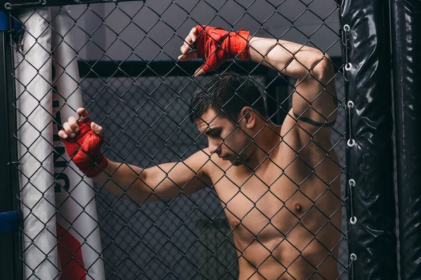 Boxeador de patadas con torso desnudo posando en el ring de boxeo contra redes rabitz tejidas —  Fotos de Stock