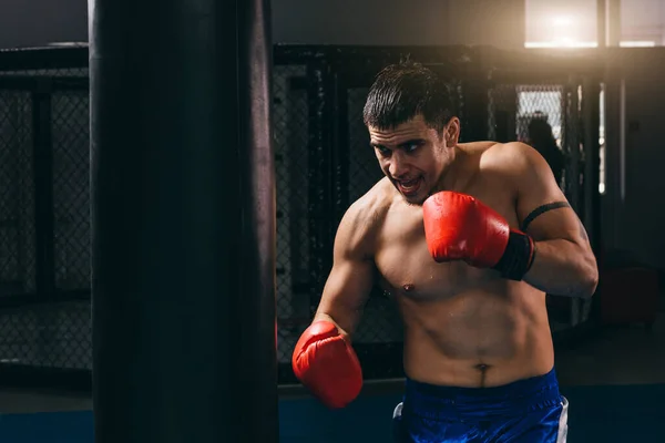 Чоловічий боксер в червоних рукавичках робить кардіо-бокс тренування з мішком для ударів — стокове фото