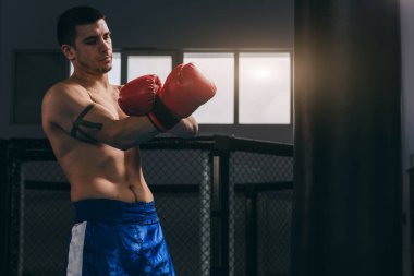 Kaslı, çalışkan boksör. Kapalı alanda kum torbasıyla pratik yapıyor..