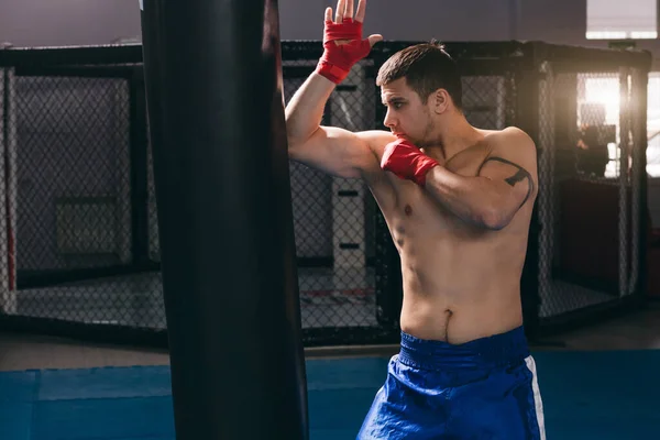 Muscular hardworking fighter practicing with punching bag indoor. — Stock Photo, Image