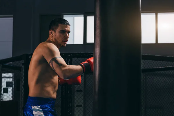 Boxeador masculino en guantes rojos haciendo entrenamiento de boxeo cardiovascular con saco de boxeo —  Fotos de Stock