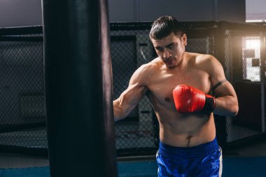 Kırmızı eldivenli erkek boksör kum torbasıyla kardiyo boks yapıyor.