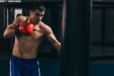 Kırmızı eldivenli erkek boksör kum torbasıyla kardiyo boks yapıyor.