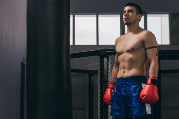 Kickboxer stands in the middle of ring challenging to a rival to fight. — Stock Photo, Image