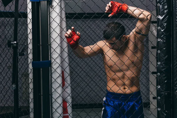 Boxeador de patadas con torso desnudo posando en el ring de boxeo contra redes rabitz tejidas —  Fotos de Stock